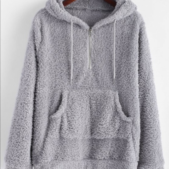 Sweaters - Half Zip Kangaroo Pocket Fluffy Hoodie